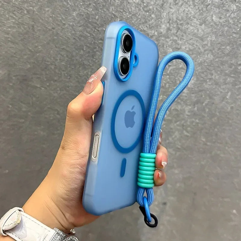 For Magsafe Candy Color Contrast Lanyard Case For iPhone 16 15 17 Pro Max 14 Plus 11 12 13 16e Hand Wrist Strap Matte Soft Cover - Kimlud