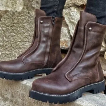 2026 New Big Size Men's Fashion High Top Round Toe Boots PU Leather Shoes Black Stylish Thick Soled Boot Short Motorcycle Botas