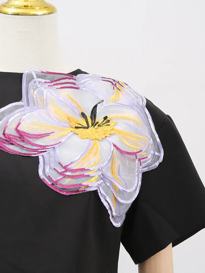 VGH Spliced Appliques Two Piece Set for Women O Neck Short Sleeve Top High Waist A Line Temperament Skirt Outfits Female Fashion