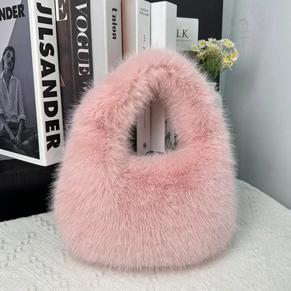 Winter Soft Plush Half Moon Bag Faux Fur Party Clutch Bag Lady Handbags Fluffy Female Winter Purse Casual Tote Bag Fashional Bag