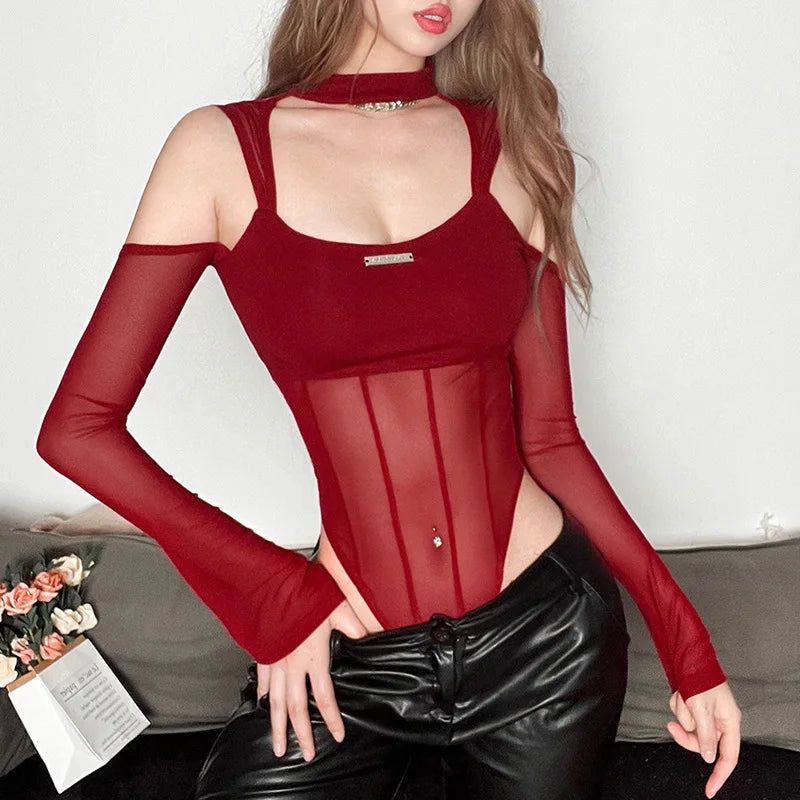 Solid Bodysuit Hollow Out Lingerie Sexy Tops Women Rave Outfit Long Sleeve One-pieces Body Feminino See Through Mesh Y2k...