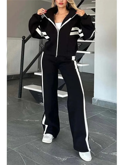 Autumn Winter Women's New Hoodie Suit Y2K Striped Zipper Loose Fit Jacket Outwear And High Waist Side-striped Pants Sports Sets - Kimlud
