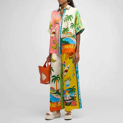 Long Sleeve Long Pant Sets Women  Retro Lapel Single Breasted Blouses Trousers 2 Piece Set Printed Color-blocking Elastic Waist