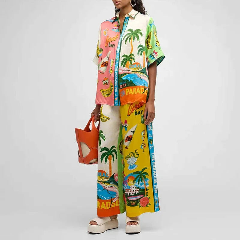 Long Sleeve Long Pant Sets Women  Retro Lapel Single Breasted Blouses Trousers 2 Piece Set Printed Color-blocking Elastic Waist