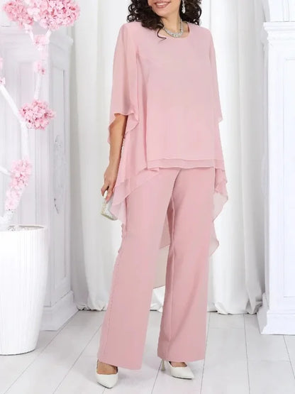 Elegant 2 Pieces Sets Woman's Chiffon Solid Mid-Sleeve Layered ruffled edges Long Top & Straight-leg Trousers Pants Sets Outfits