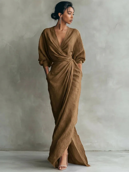 Women's Sexy Neck Waist Wrapped Robe 2026 Spring Casual Solid Color Fit Tight Dress Elegant Long Sleeved Slit Super Long...