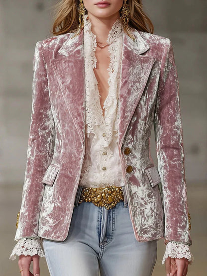 Jacquard Print Velvet Blazers for Women Jacket Single-breasted Suit Collar Blazer Coat Long Sleeve Fashion Female Outerwear