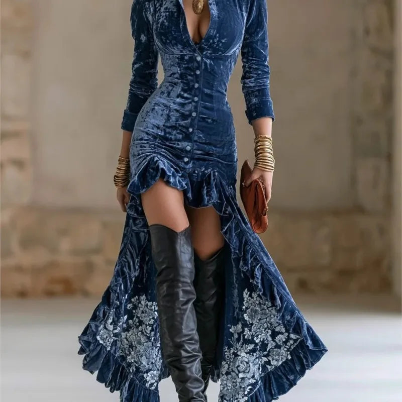 Women Deep V Neck Long Sleeve Velvet Dress Autumn New Swing Pleated Long Dress Autumn Long Sleeve Elegant Party Dresses