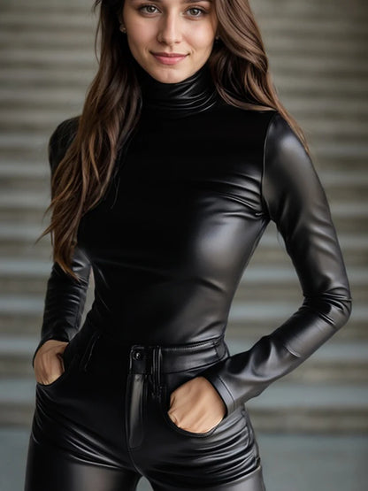 Women PU Leather T shirt Turtleneck Long Sleeve Skinny Solid High Street Gothic Casual Tee Tops 2025 Solid Streetwear Tops