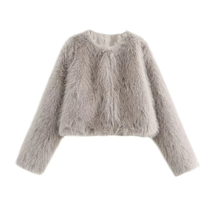Faux fur jacket 2025 Fall/Winter New Fashion Women's Faux Fur Effect Round Neck Long Sleeve Short Jacket