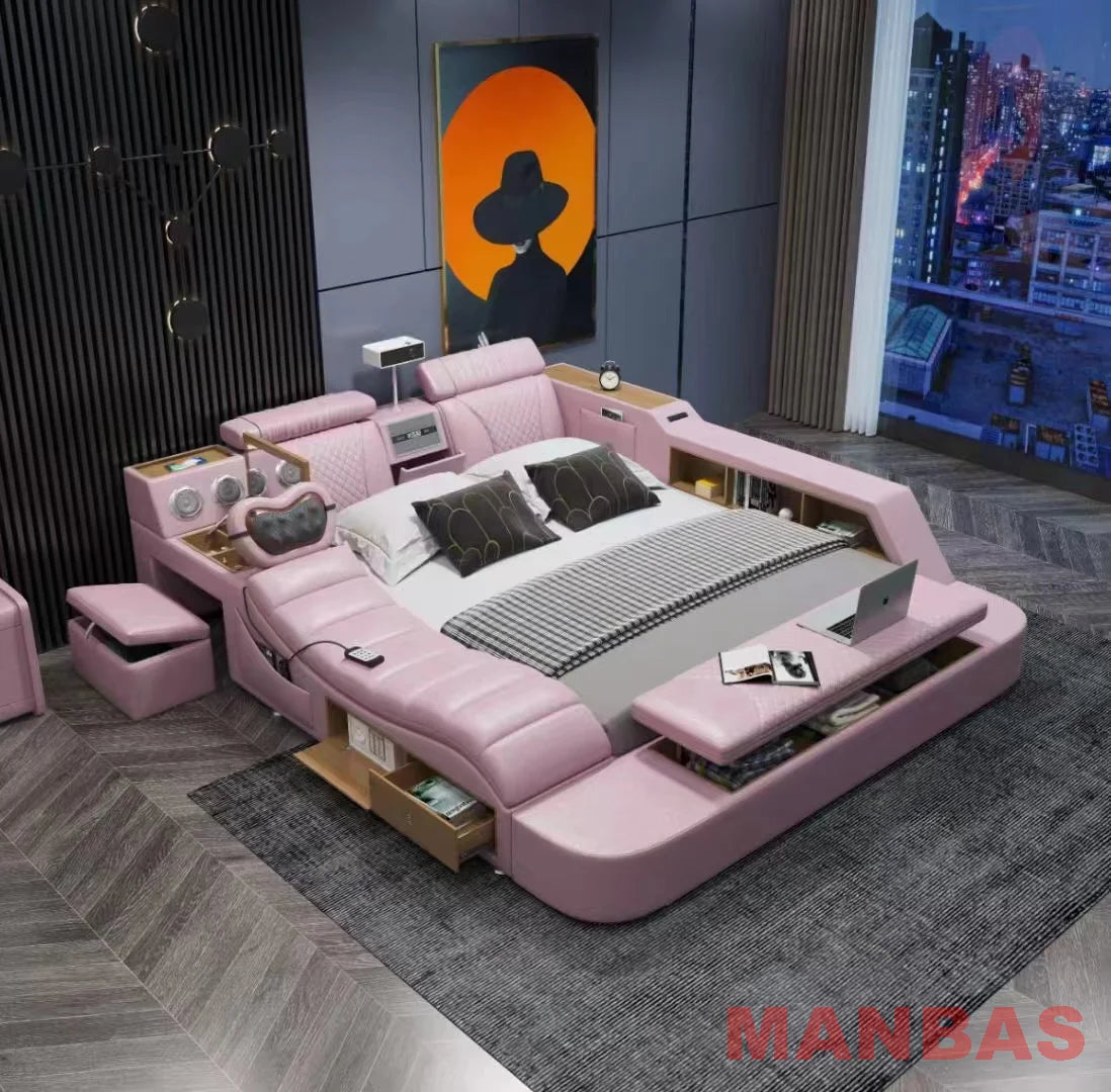 Modern Tech Smart Bed, King/Queen Size Genuine Leather Bed with Projector,USB, Speaker, Luxury Multifunction Bed, All In...