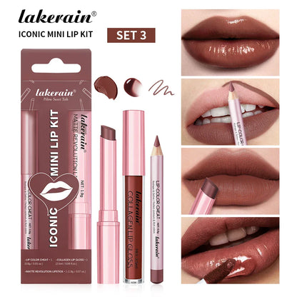 lakerain 3pcs mini matte lipstick+lip gloss+lip liner set precise outline three-dimensional lip plumping lipstick set