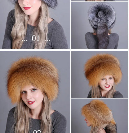 Fur hat for ladies thickened warm ear-protecting with tail snow and wind trendy