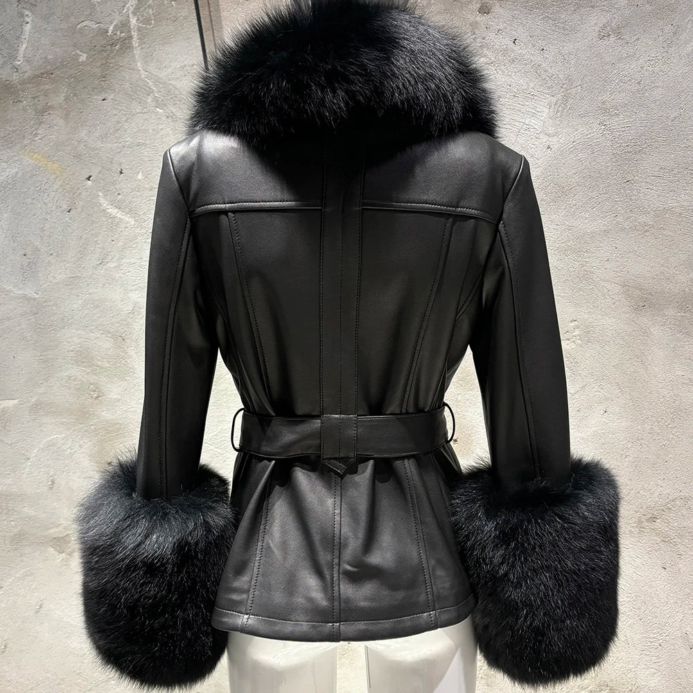 YOLOAgain Women's Real Fox Fur Collar Sheepskin Leather Jacket Coat Autumn 2024