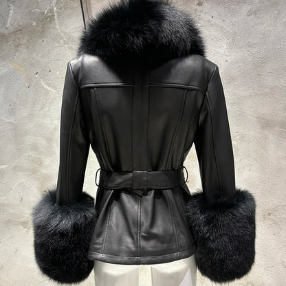 YOLOAgain Women's Real Fox Fur Collar Sheepskin Leather Jacket Coat Autumn 2024
