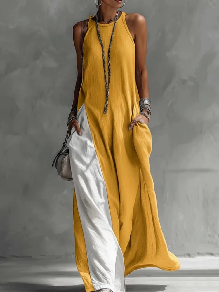Women Strappy Maxi Dress A-line Vest Type Color Block Summer Beach Dress Loose Casual Halter Neck Pocket Side Split Long Dresses - Kimlud
