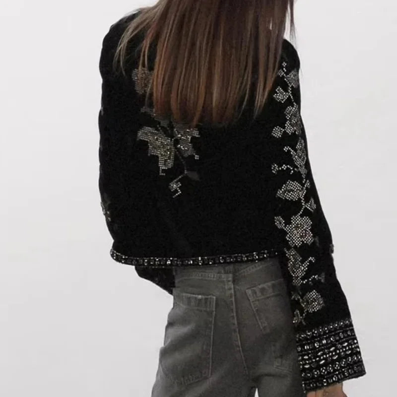 Women Vintage Velvet Embroidery Short Jacket Casual Slim Long Sleeve O Neck Jackets Winter 2025 New Elegant Simple Street Coat