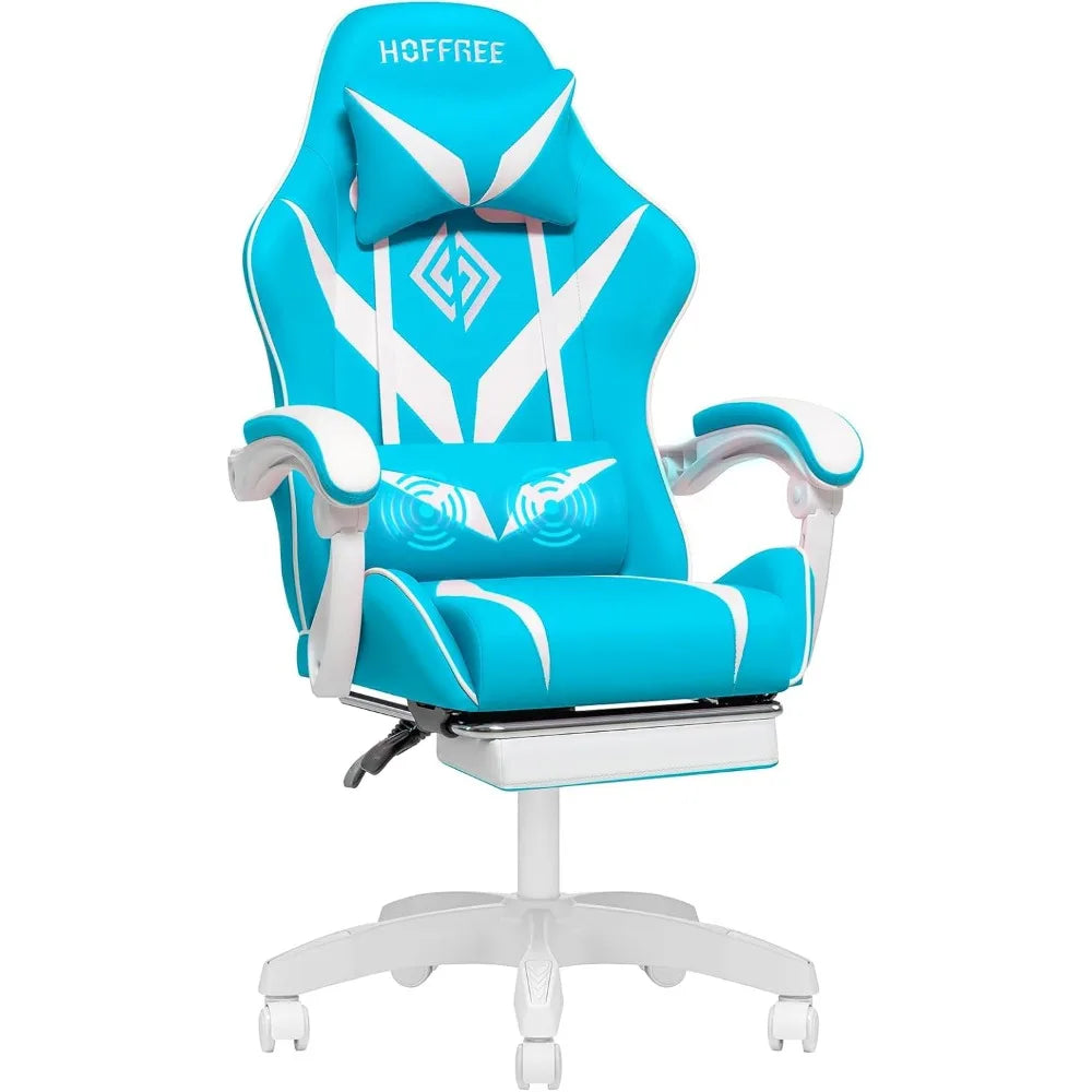 Light Blue & White Kids Massage Gaming Chair - Reclining PC Chair with Footrest, Lumbar Support & Headrest for Gaming Room
