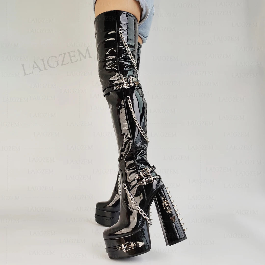 LAIGZEM Slim Fit Women Thigh High Boots Rivets Chains Platform Thick High Heels Boots Full Zip Shoes Woman Big Size 41 44 47