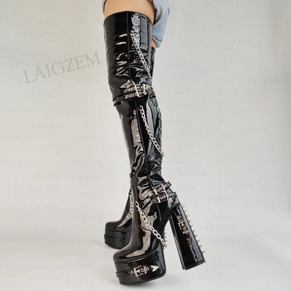 LAIGZEM Slim Fit Women Thigh High Boots Rivets Chains Platform Thick High Heels Boots Full Zip Shoes Woman Big Size 41 44 47