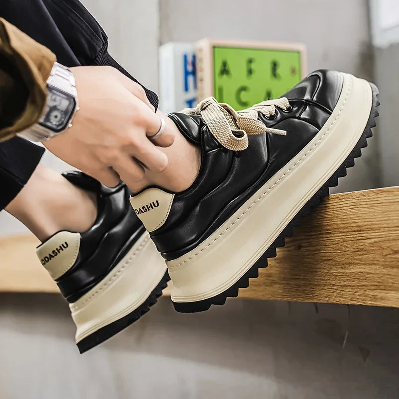 Chunky Sneaker Men Designer Board Shoes Fashion Casual Microfiber Leather Fabric Breathable Height Increased Flat Platform Shoes