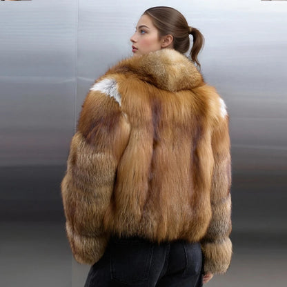 Real Red Fox Fluffy Women’s Jacket Short Cropped Fox Fur Jacket With Lapel Genuine Fur Outerwear Hot Selling Bolero Jacket