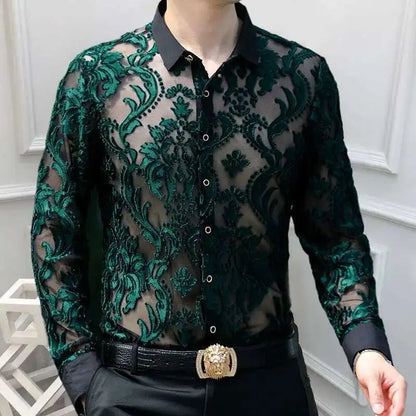 3 Colours Soft Velvet Slim-fit Men Clothing Nightclub long sleeved Sexy Polo See Through High Quality Transparent Floral Polo - Kimlud