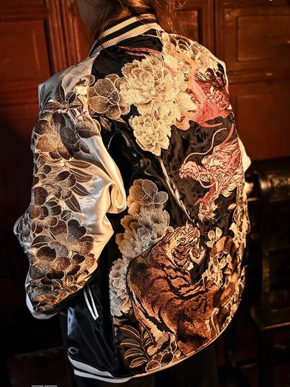 New 2025 Hot Style Men Boys Modified Liquid Light Sensation Coats Dragon Tiger Reversible Baseball Sukajan Souvenir Jackets - Kimlud