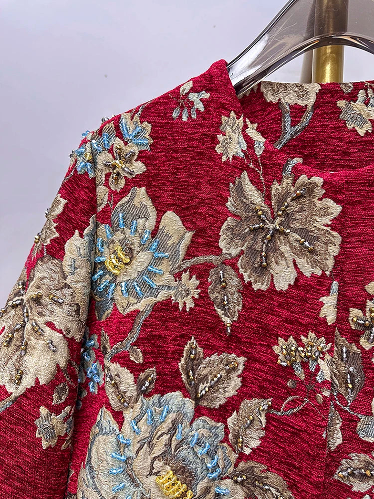 Autumn Winter New Women's Velvet Beaded Round Neck 3/4 Sleeve Burgundy Mid-Length Coat Chenille Texture Luxury Jacket