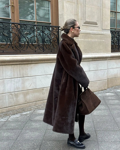 Long Coats Women Faux Fur Y2k Maxi Overcoat Lace Up Turn Down Collar Full Sleeve Thick Loose Elegant Jackets Autumn Winter 2025