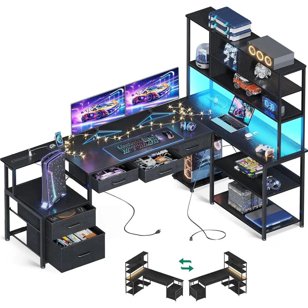 71 L-Shaped Desk with 5 Drawers, LED-lit, Reversible Gaming Desk, 2 Outlets, Black Home Office Desk with Storage，Customized