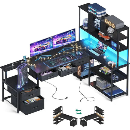 71 L-Shaped Desk with 5 Drawers, LED-lit, Reversible Gaming Desk, 2 Outlets, Black Home Office Desk with Storage，Customized