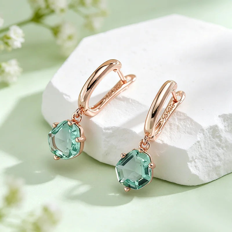 Kinel Hot Unique Green Stone Bride Drop Earrings for Women Fashion 585 Rose Gold Color Party Accessories Daily Fine...