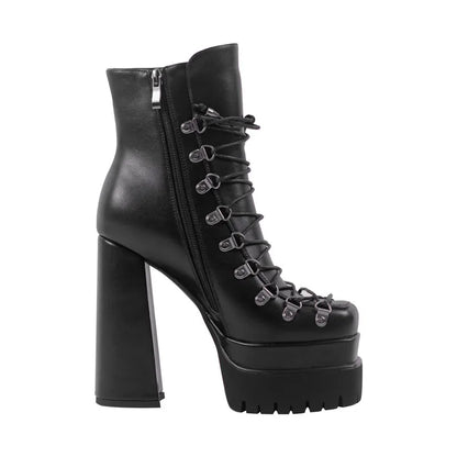 Onlymaker Double Platform Punk Boots Side Zipper Lace-up Fashion Matte Ankle Boots