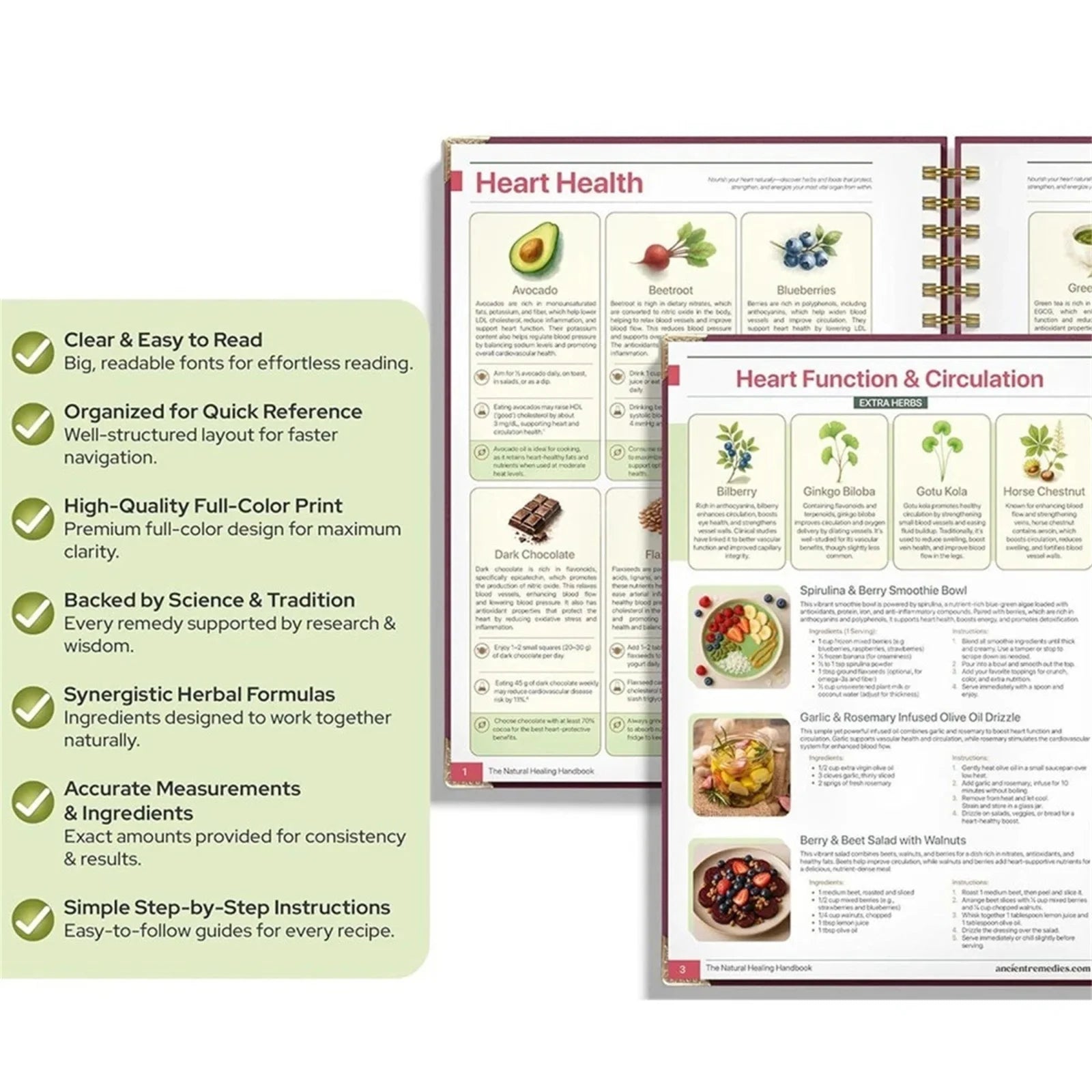 Natural Healing Handbook Spiral Bound Guide With Herbal Remedies And Recipes For Heart Health Blood Sugar Focus Boost 25x17.6cm