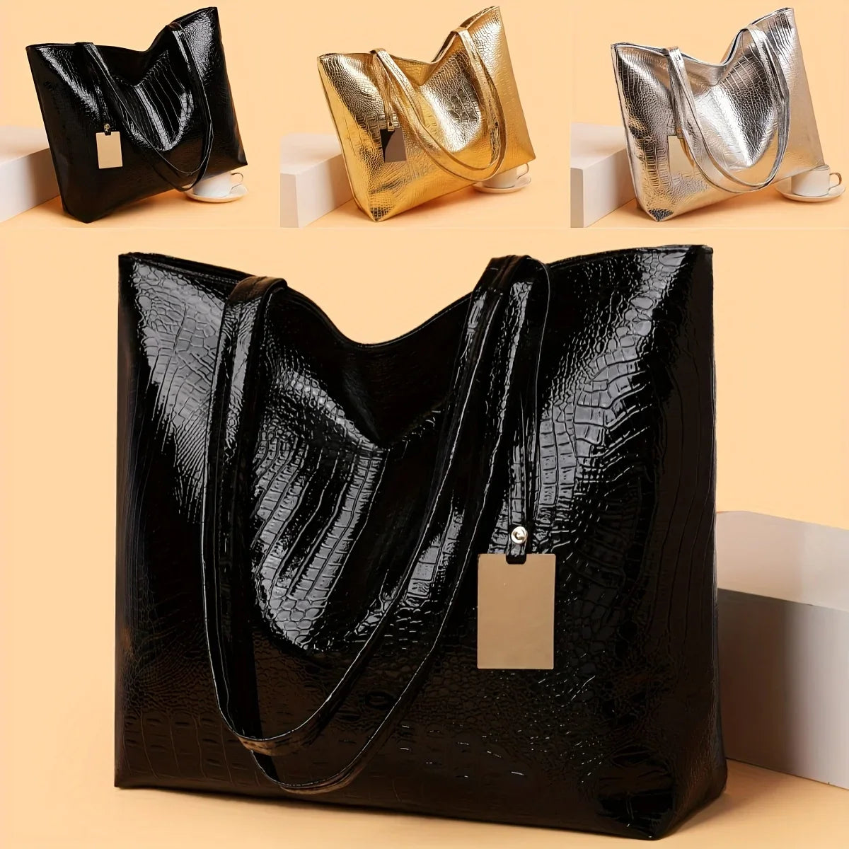 Vintage Women's Tote Bag, Large Capacity Handbag Shoulder Bag with Zipper Closure, Metallic Finish Handbags for Work, Parties