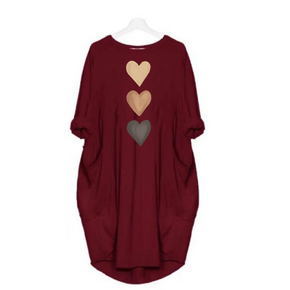 Women's three heart-shaped printed pocket dress, casual round neck short sleeved dress for spring and summer women's wear