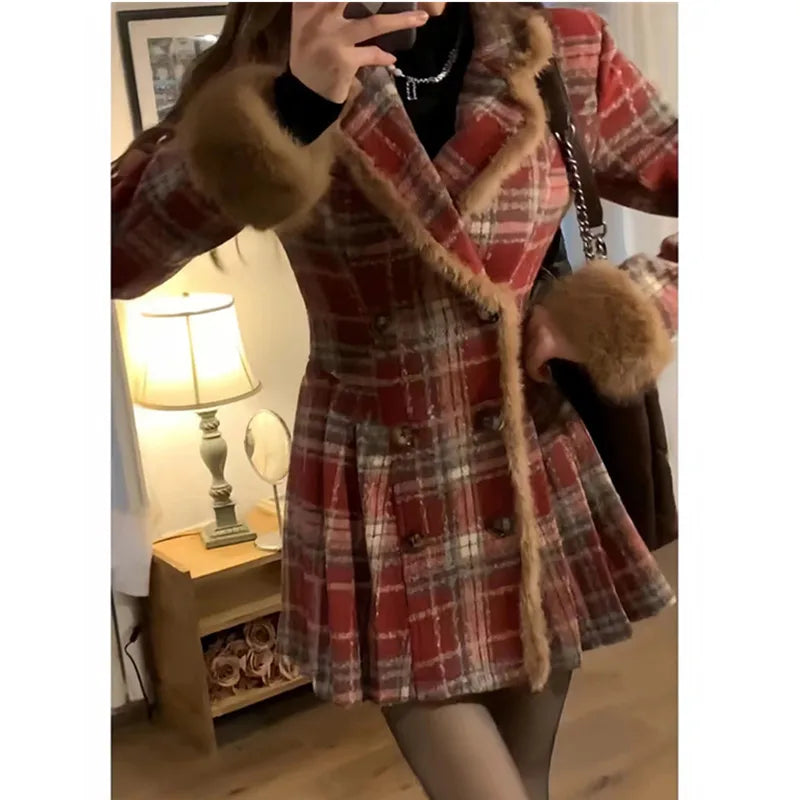 Women's Double Breasted Plaid Coat, Woolen Jacket , V-Neck, Loose Tops, Female Clothes, Sweet, New, Autumn, Winter |...