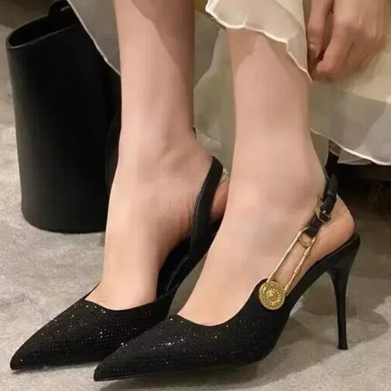 Luxury Rhinestones Sexy High Heels Women Pointed Toe Sandal Elegant Ladies Metal Buckle Fashion Design Banquet Dress Shoes Pumps