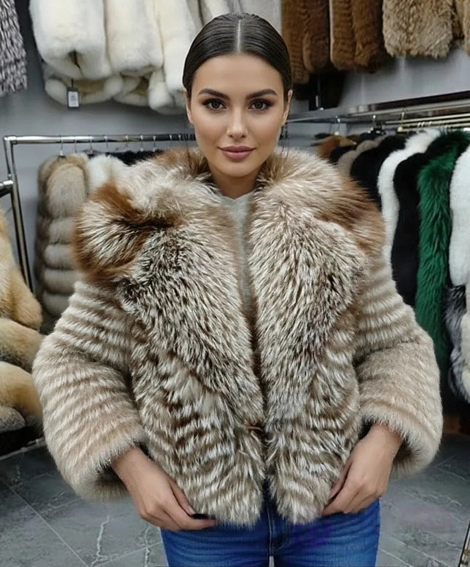 Lady's Natural Stripes Fox Fur Coat with Big Collar Spring Autumn Luxury Fashion Jacket