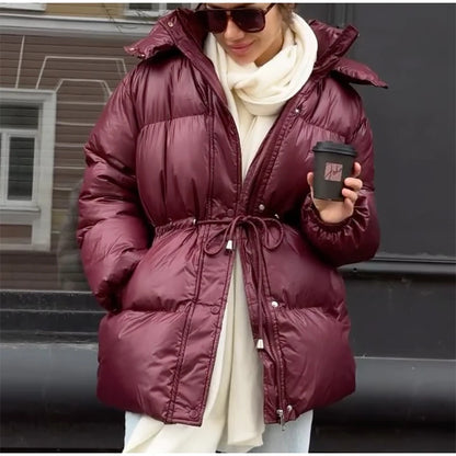 Women Solid Thicken Cotton Jackets Casual Stand Collar Zipper Long Sleeves Lace Up Detachable Hat Coat Winter Lady Warm Outwear