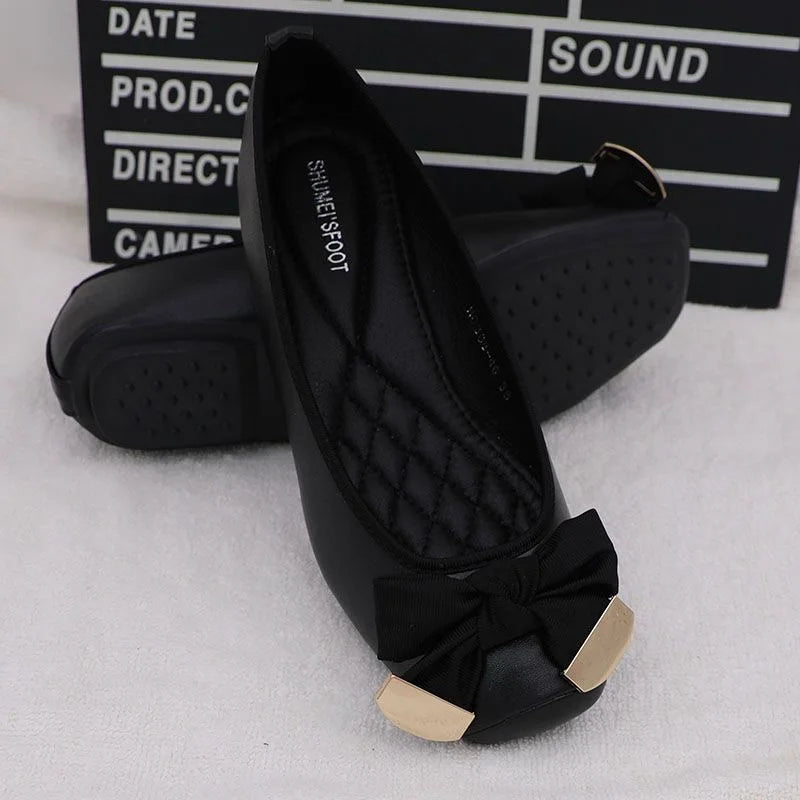 2024 Spring Summer Shoes Women Ballet Flats Sweet Flat Bowknot Laides Brand Shoes Plus Size 41 Black Gold D069