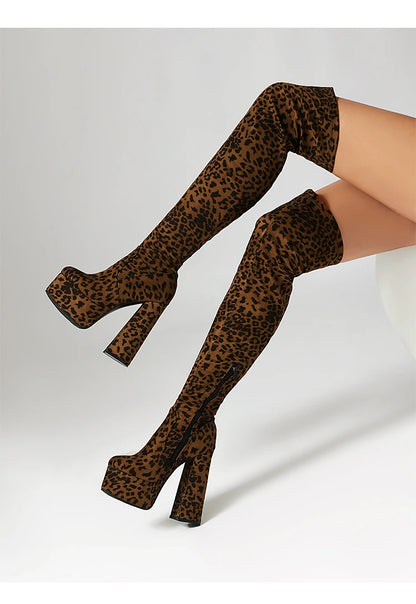 Plus Size High Platform Super Thick Heel Leopard Print Velvet Over The Knee Boots Roman Style Winter Sexy Long Boots
