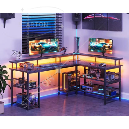 66" L Shaped Gaming Desk with Power Outlet and LED Lights, PC Gaming Table with Carbon Fiber Texture