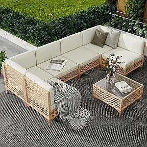 Outdoor Patio Furniture Set, Wicker Outdoor Sectional Set, Boho Patio Conversation Sectional Sofa with Large Tempered...