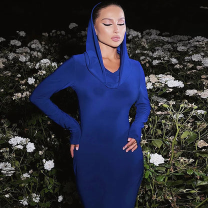 Hooded Solid Color Long-sleeved Slim Dress Autumn Winter Women's New Fashion Long Dress Elegant Party Dresses Платье Женское