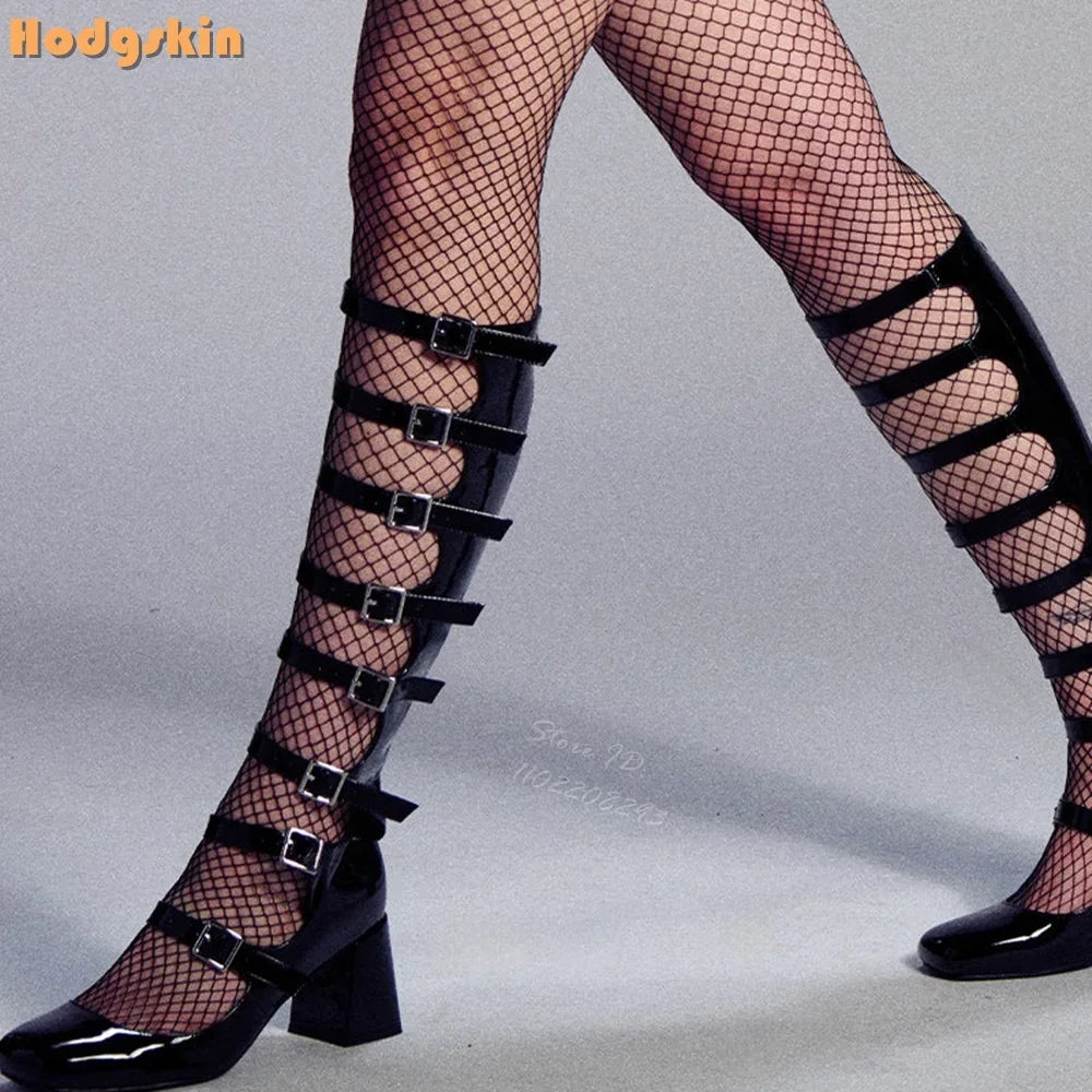 Punk Buckle Straps Boots Round Toe Back Zipper Knee-high Boots Patent Leather Square Heels 2025 Women New Fashion Sandals Shoes