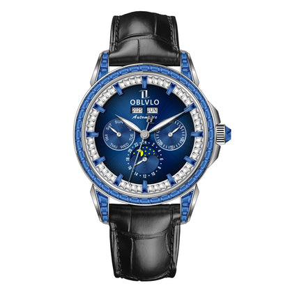 OBLVLO Men's Fashion Automatic Watch Colorful Zircon Moonphase Mechanical Multifunctional Black Leather Strap Timepiece...
