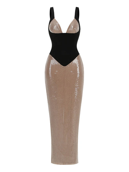 Sexy Sleeveless Spaghetti Straps V Neck Sequins Patchwork Long Dress Women Backless Sparky Sequin Slim Evening Party Dresses - Kimlud