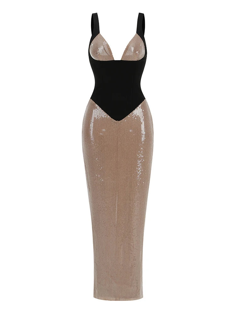 Sexy Sleeveless Spaghetti Straps V Neck Sequins Patchwork Long Dress Women Backless Sparky Sequin Slim Evening Party Dresses - Kimlud